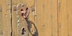 Wooden door slammed shut, locked with a key sound 