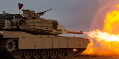 Tank movement, cannon shot, machine-gun fire sound 