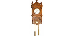 Wall clock ticking with weights and pendulum, mechanism winding